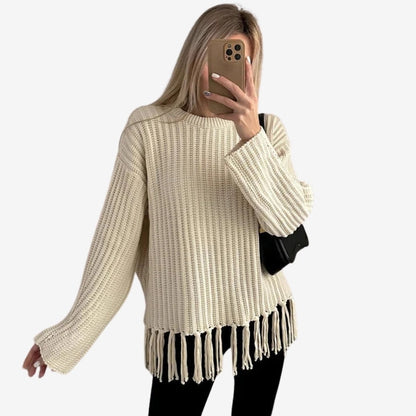 Dalilah | Sweter damski z długim rękawem, okrągłym dekoltem i frędzlami, casualowy