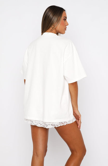 Perry | Damski t-shirt oversize biało-różowy z napisem wygodny