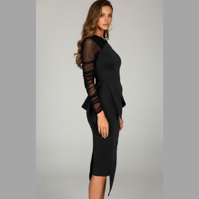 Paige | elegancka sukienka midi damska koktajlowa czarna z dekoltem w serek