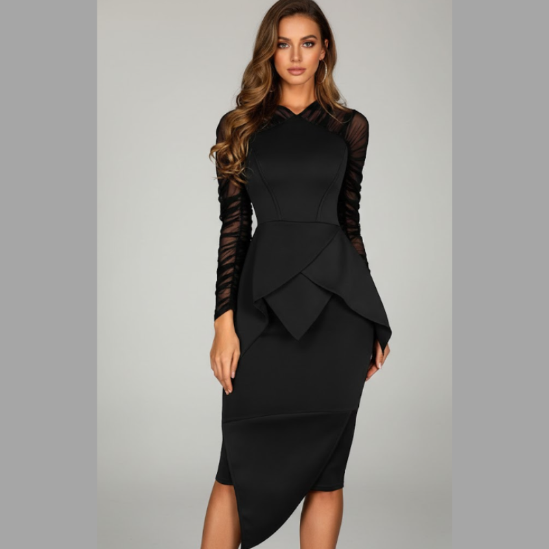 Paige | elegancka sukienka midi damska koktajlowa czarna z dekoltem w serek
