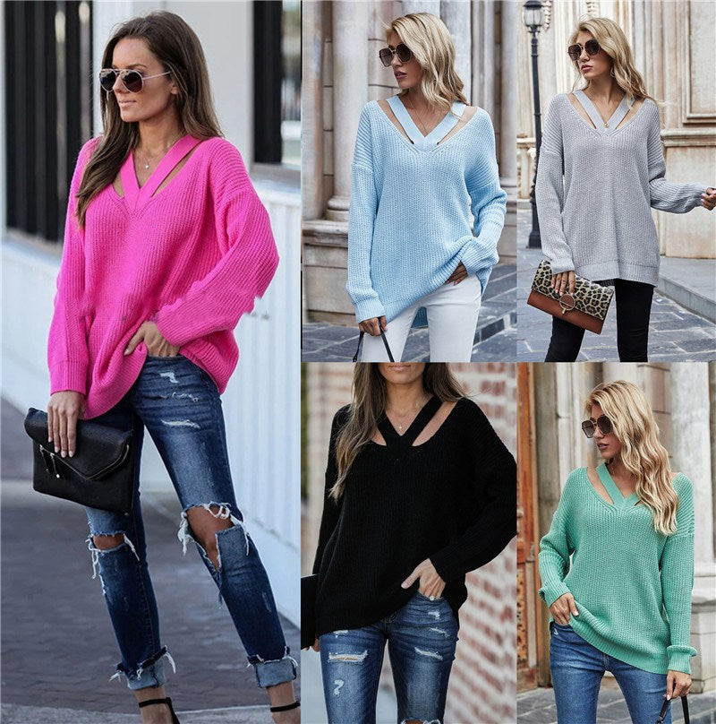 Sheena – modny, elegancki i stylowy damski sweter z dzianiny z dekoltem w szpic i wycięciem