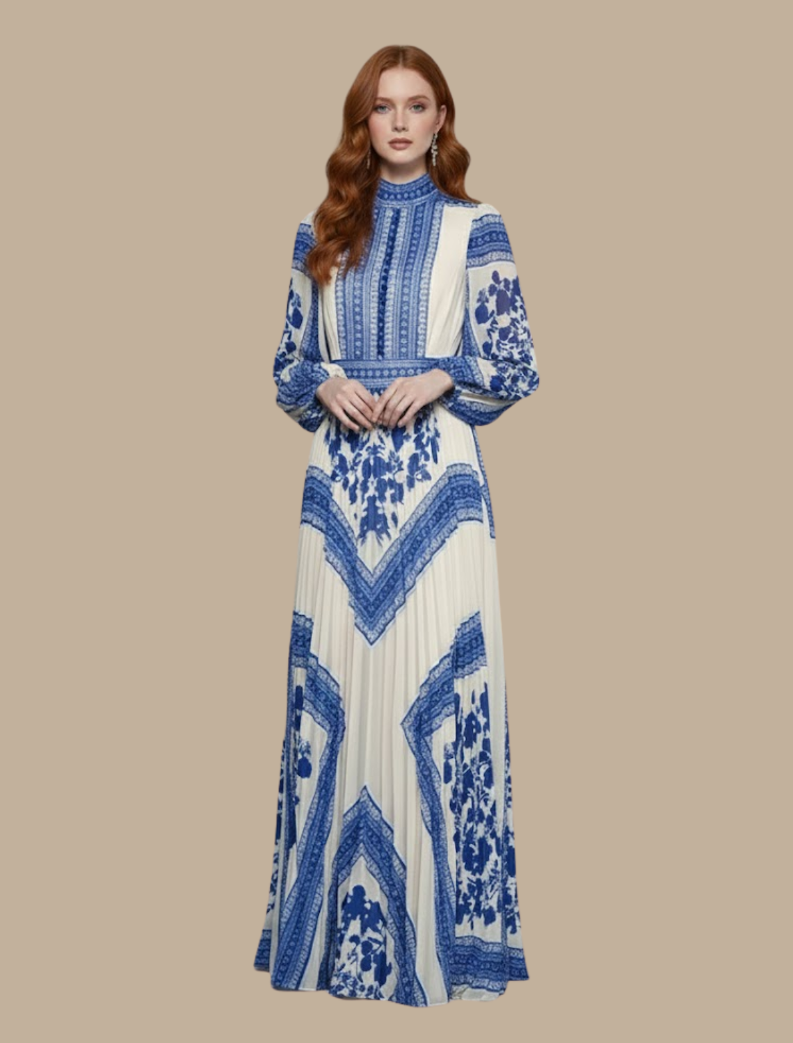 Irene | sukienka maxi damska boho z długim rękawem i wzorem