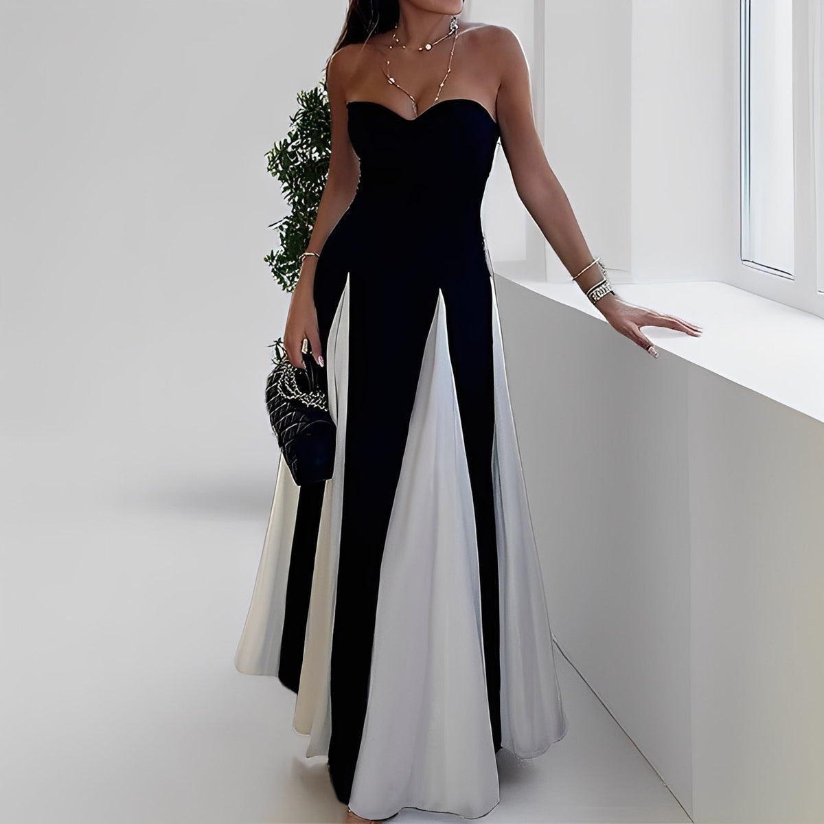 Selena - Elegancka kontrastowa sukienka z dużym brzegiem dla kobiet