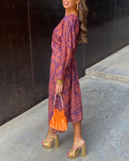 Lidia | Sukienka damska boho maxi z nadrukiem i dekoltem w serek