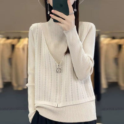 Joanne – sweter z długim rękawem, zamkiem błyskawicznym i okrągłym dekoltem