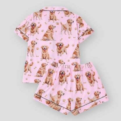 Melanie | Damski komplet piżamowy z nadrukiem golden retriever