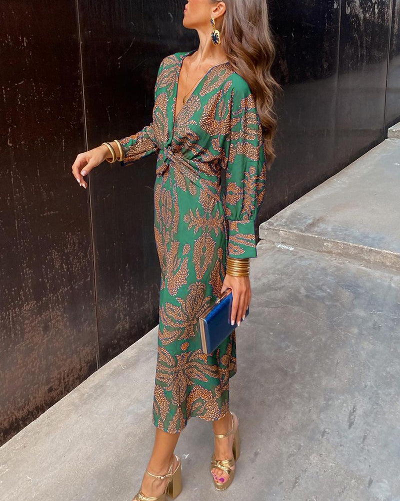 Lidia | Sukienka damska boho maxi z nadrukiem i dekoltem w serek