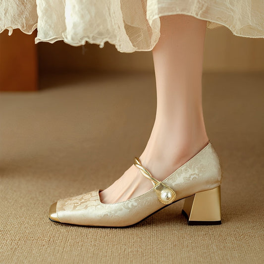 Ramona - Eleganckie stylowe damskie buty na obcasie słupkowym z tłoczeniem
