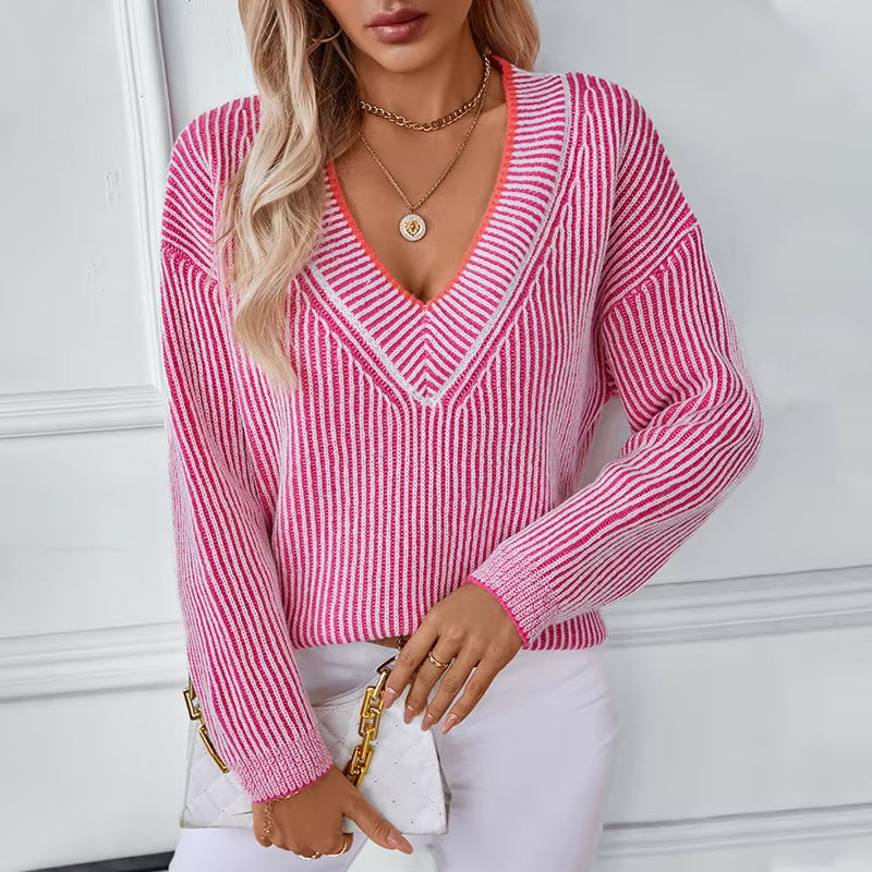 Haisley | Sweter damski w paski z długim rękawem i dekoltem w serek, dzianinowy casual