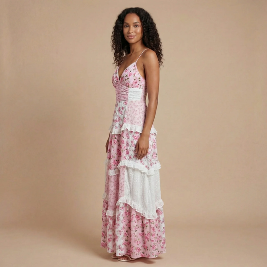 Barb | sukienka maxi damska na wesele w kwiaty z dekoltem w serek
