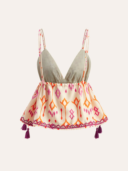 Charle | Top damski boho haftowany na ramiączkach z frędzlami, lekki i zwiewny