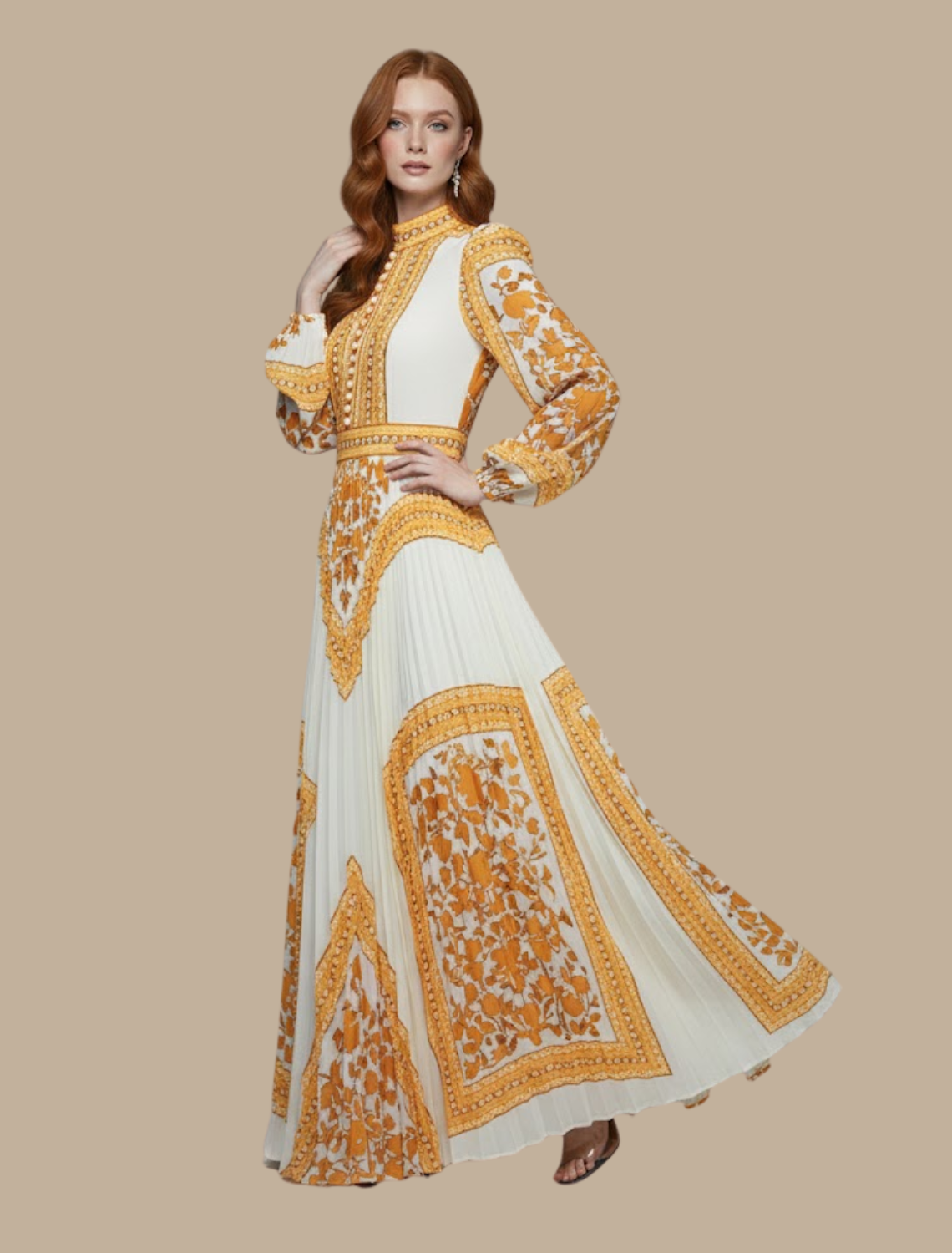 Irene | sukienka maxi damska boho z długim rękawem i wzorem