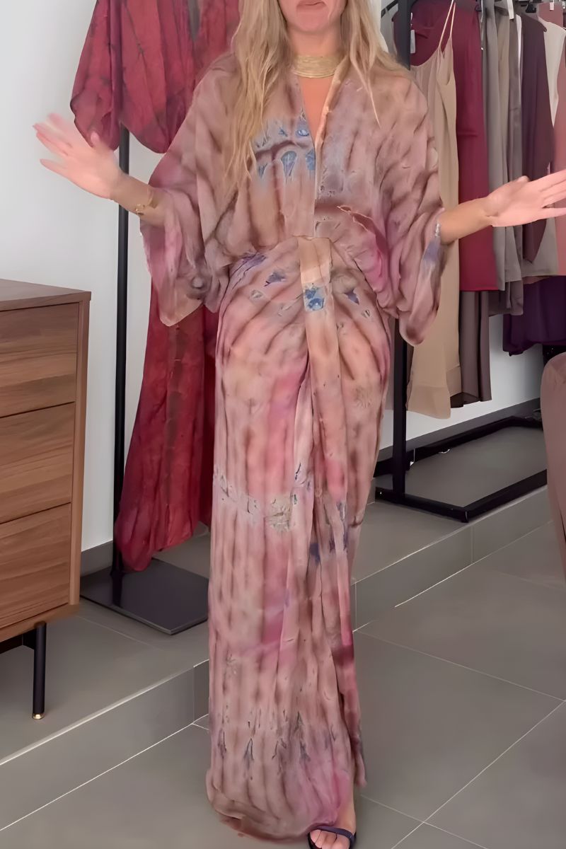 Melinda | Sukienka damska maxi kimono tie-dye z dekoltem V