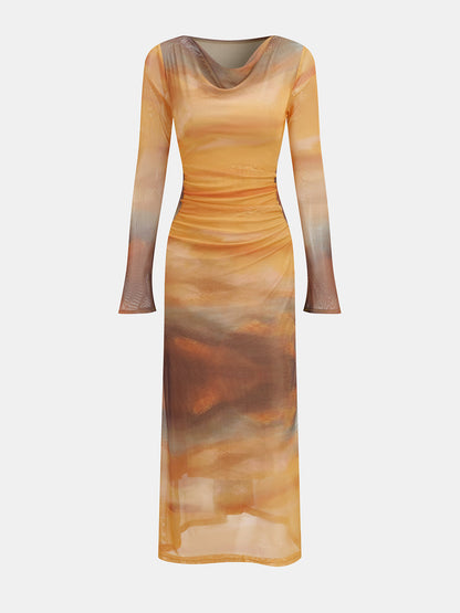 Charlene | Sukienka damska midi z siateczki z nadrukiem zachodu słońca w stylu tie-dye
