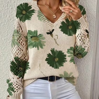 Kailey | Sweter damski z długim rękawem, nadrukiem i dekoltem w serek, dzianinowy