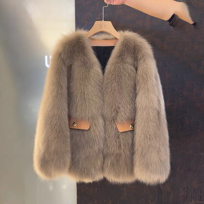 Blanche – Elegancka, modna, luksusowa kurtka damska z kieszeniami, wykonana z imitacji futra