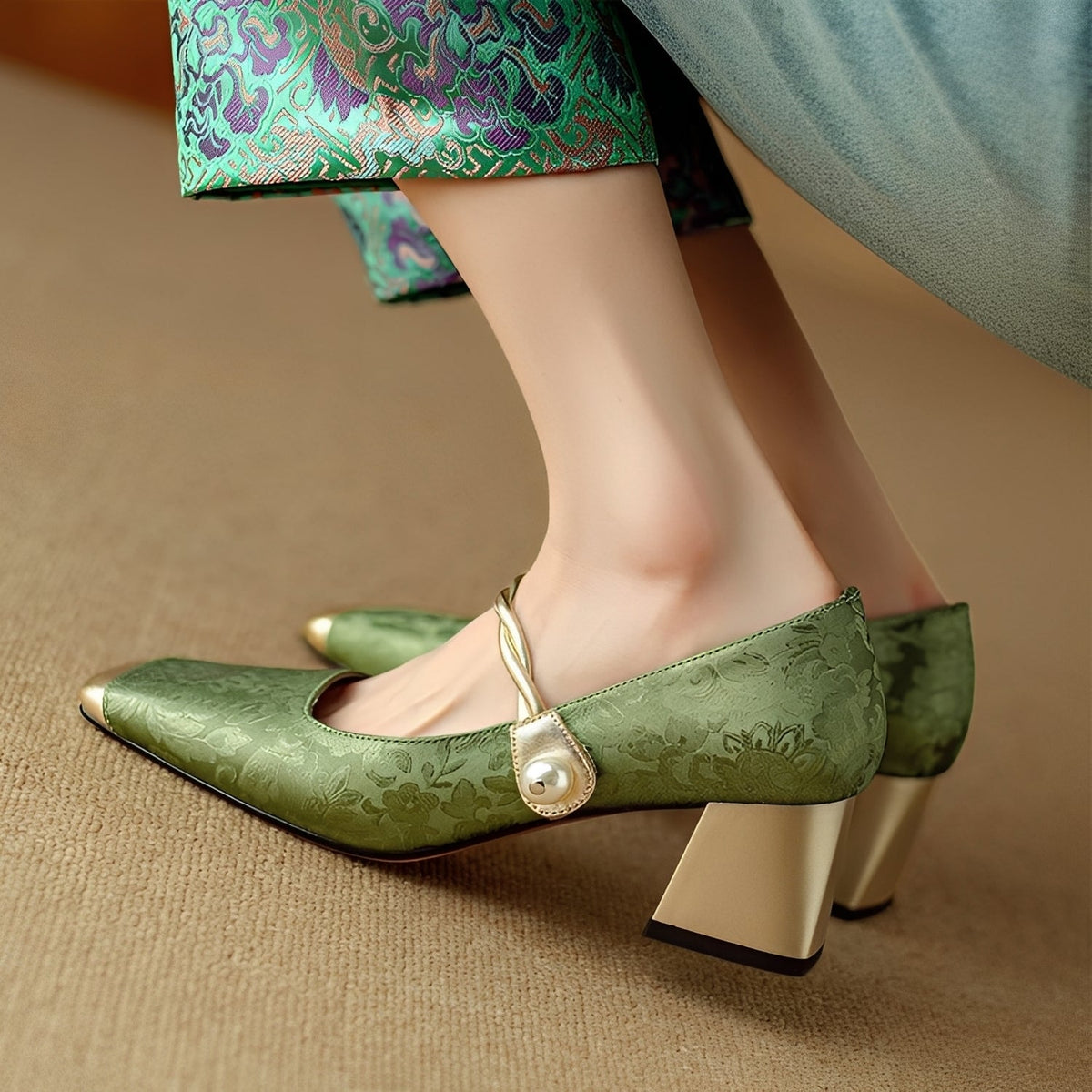 Ramona - Eleganckie stylowe damskie buty na obcasie słupkowym z tłoczeniem