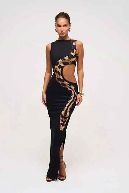 Addie | sukienka maxi damska koktajlowa w wężowy print z wycięciami