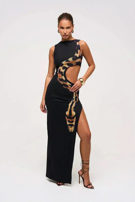 Addie | sukienka maxi damska koktajlowa w wężowy print z wycięciami