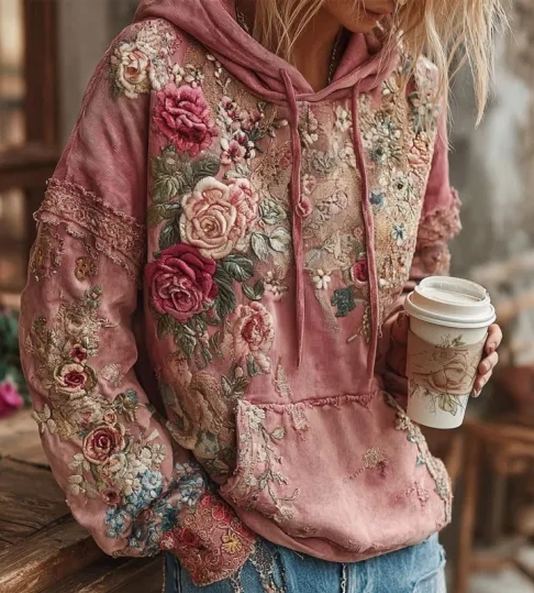 Pepper - Damski sweter z kapturem w stylu vintage barokowym z kobiecym kwiatowym nadrukiem