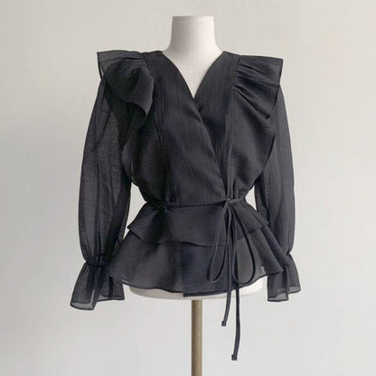 Madelaine | Damska bluzka kopertowa z wiązaniem w talii, elegancka modna