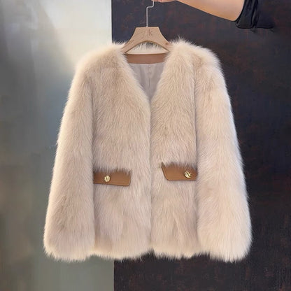 Blanche – Elegancka, modna, luksusowa kurtka damska z kieszeniami, wykonana z imitacji futra