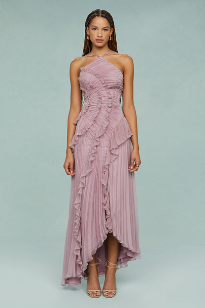 Shelley | Sukienka damska midi halter z plisami i falbanami elegancka letnia