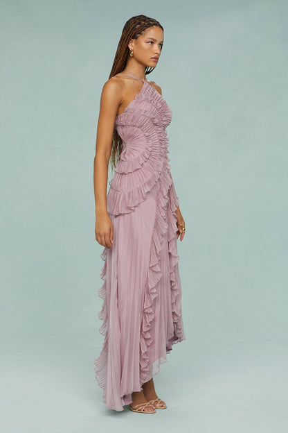 Shelley | Sukienka damska midi halter z plisami i falbanami elegancka letnia