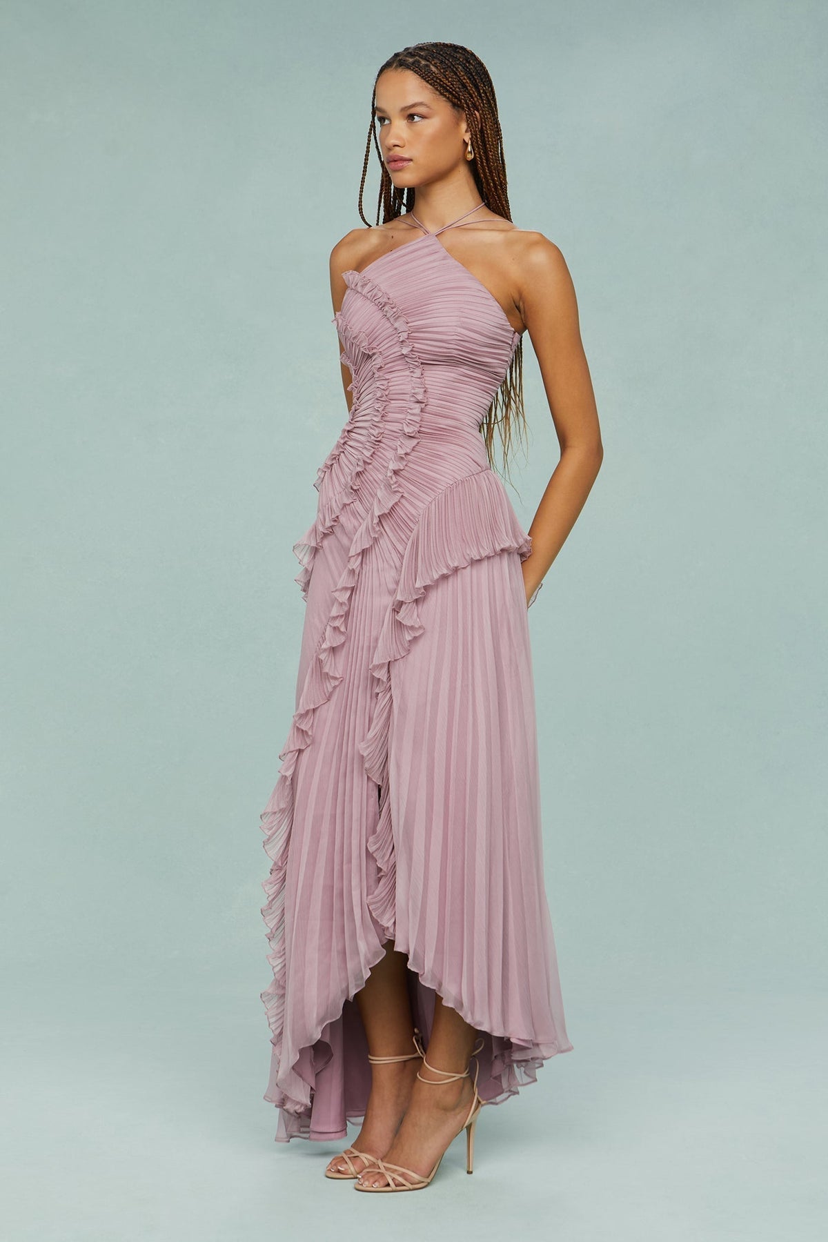 Shelley | Sukienka damska midi halter z plisami i falbanami elegancka letnia