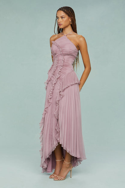 Shelley | Sukienka damska midi halter z plisami i falbanami elegancka letnia