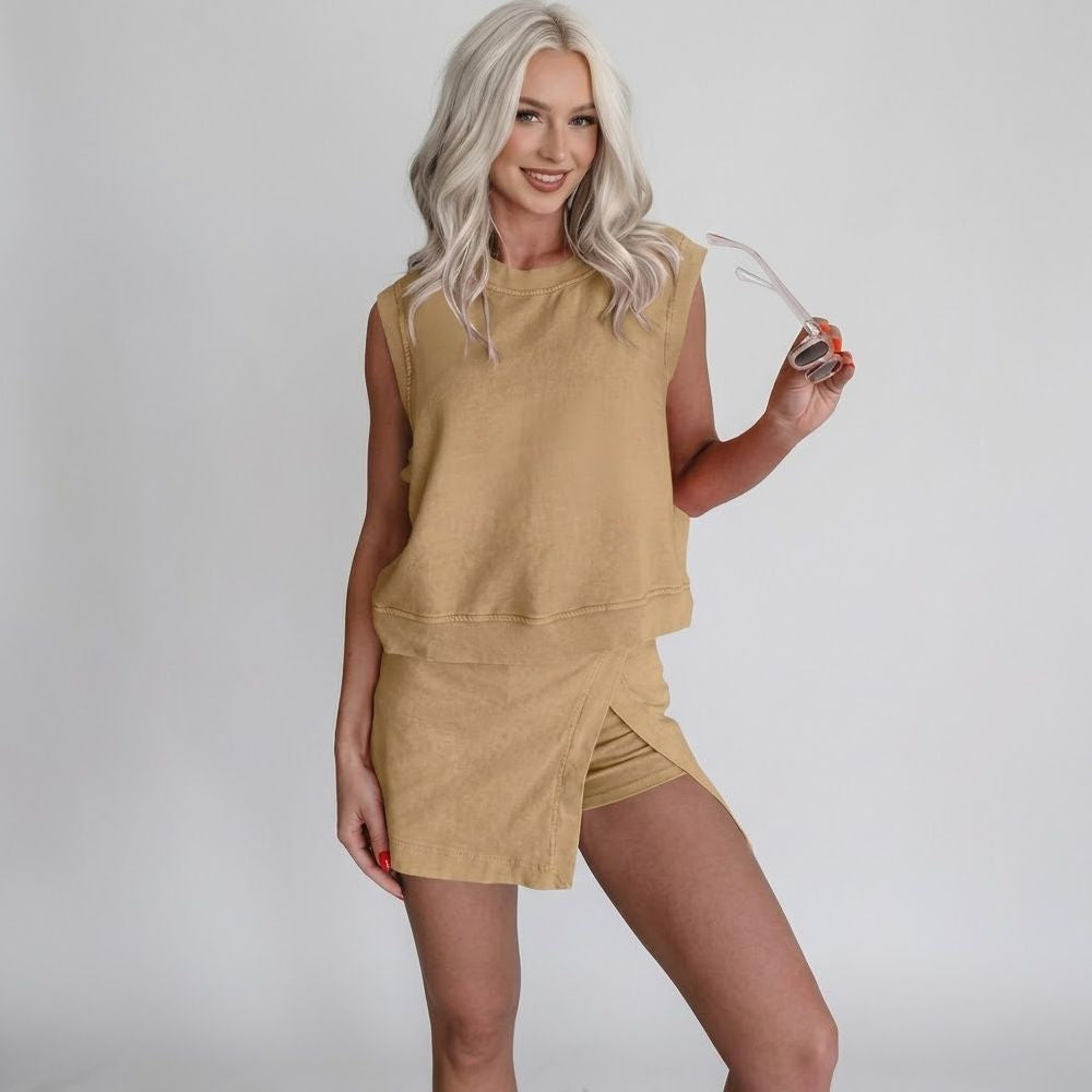 Mila | Damski komplet skort z efektem mineral wash, top typu muscle tank