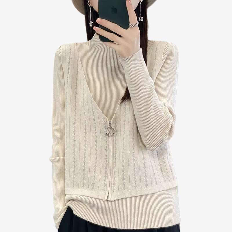 Joanne – sweter z długim rękawem, zamkiem błyskawicznym i okrągłym dekoltem