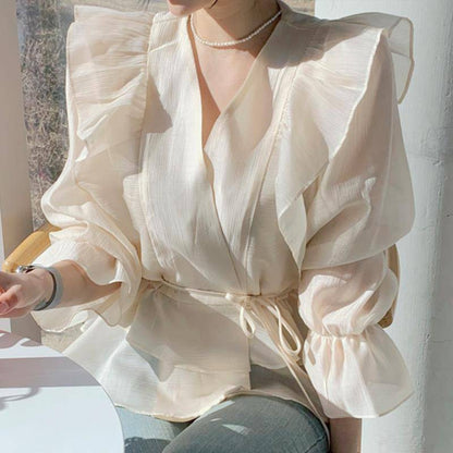 Madelaine | Damska bluzka kopertowa z wiązaniem w talii, elegancka modna