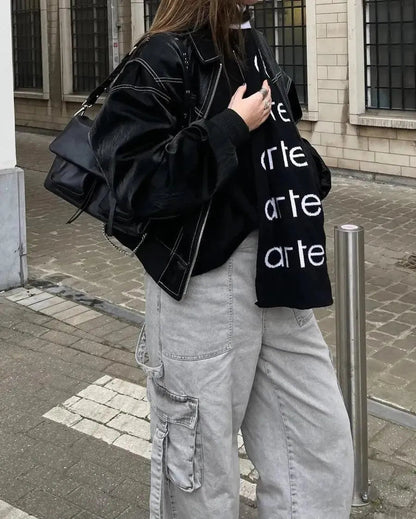 Roksana | Oversize’owa skórzana kurtka w stylu casual w uniwersalnej czerni