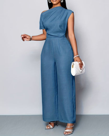 Brandy | Elegancki damski kombinezon asymetryczny na jedno ramię szerokie nogawki