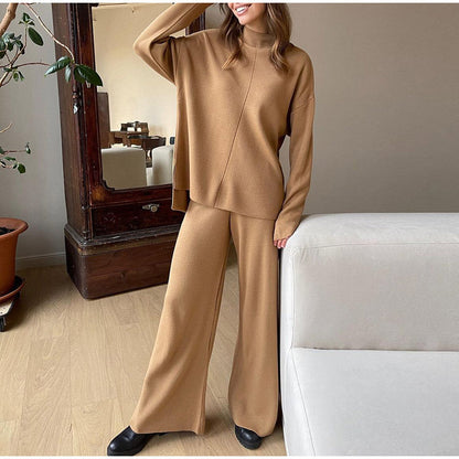 Salma | Damski komplet dzianinowy z golfem i szerokimi spodniami, loungewear dwuczęściowy