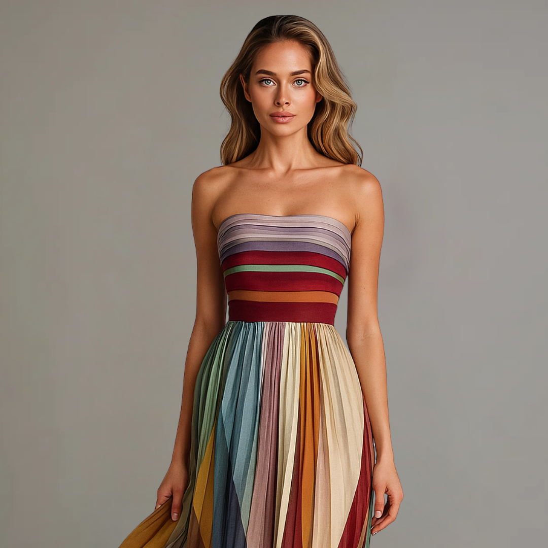 Megan | Sukienka damska maxi bez ramiączek plisowana w stylu colorblock