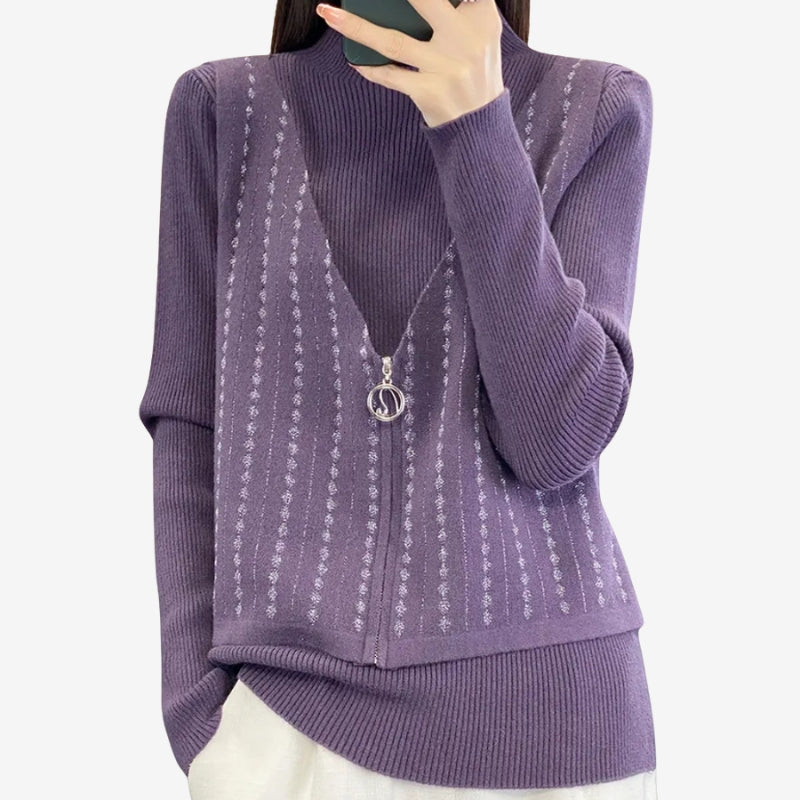 Joanne – sweter z długim rękawem, zamkiem błyskawicznym i okrągłym dekoltem