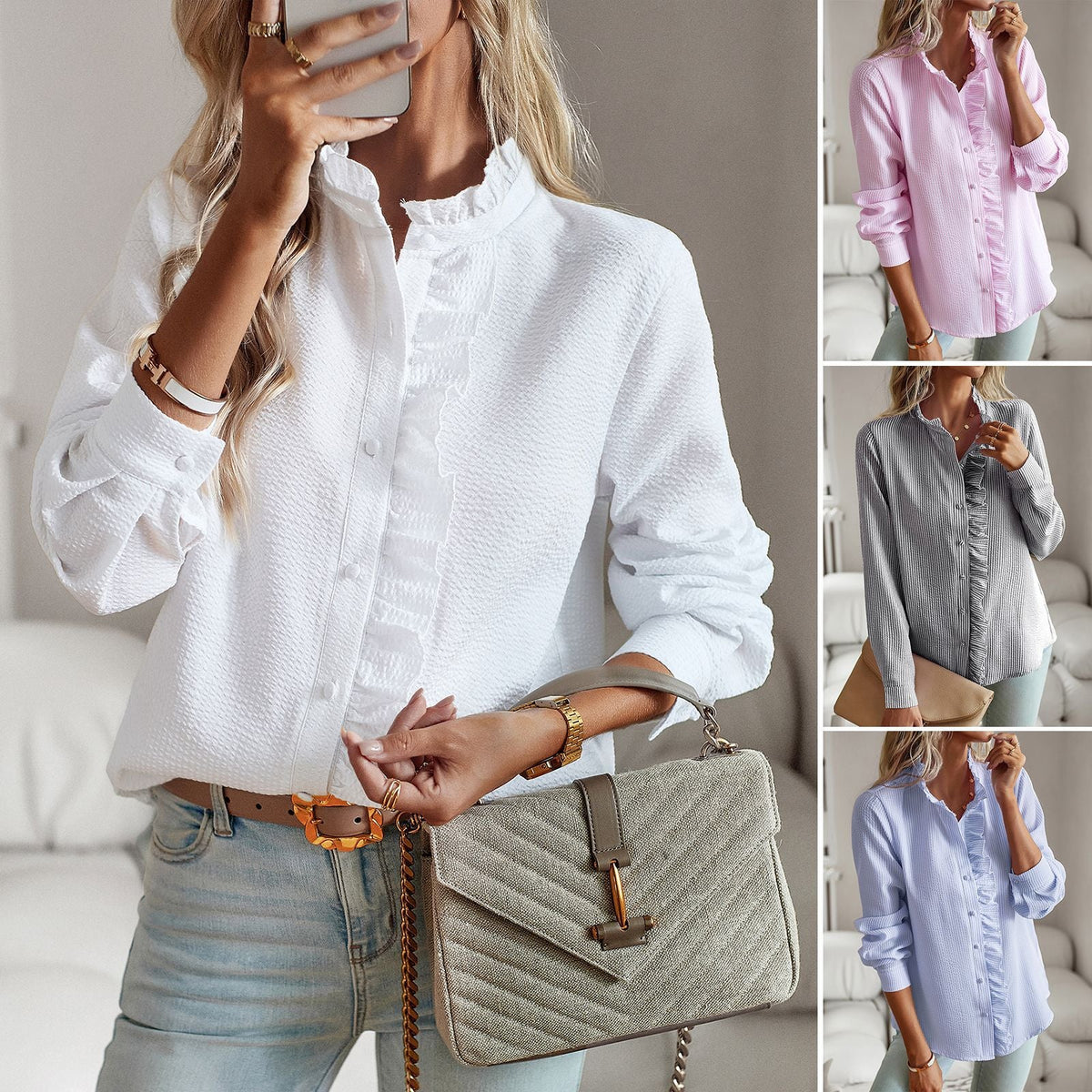 Irene | Damska elegancka bluzka z cienkiej tkaniny z falbanami, stylowa lekka