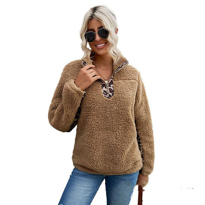 Petula - Damska ciepła, uniwersalna bluza z polaru teddy z nadrukiem panterki