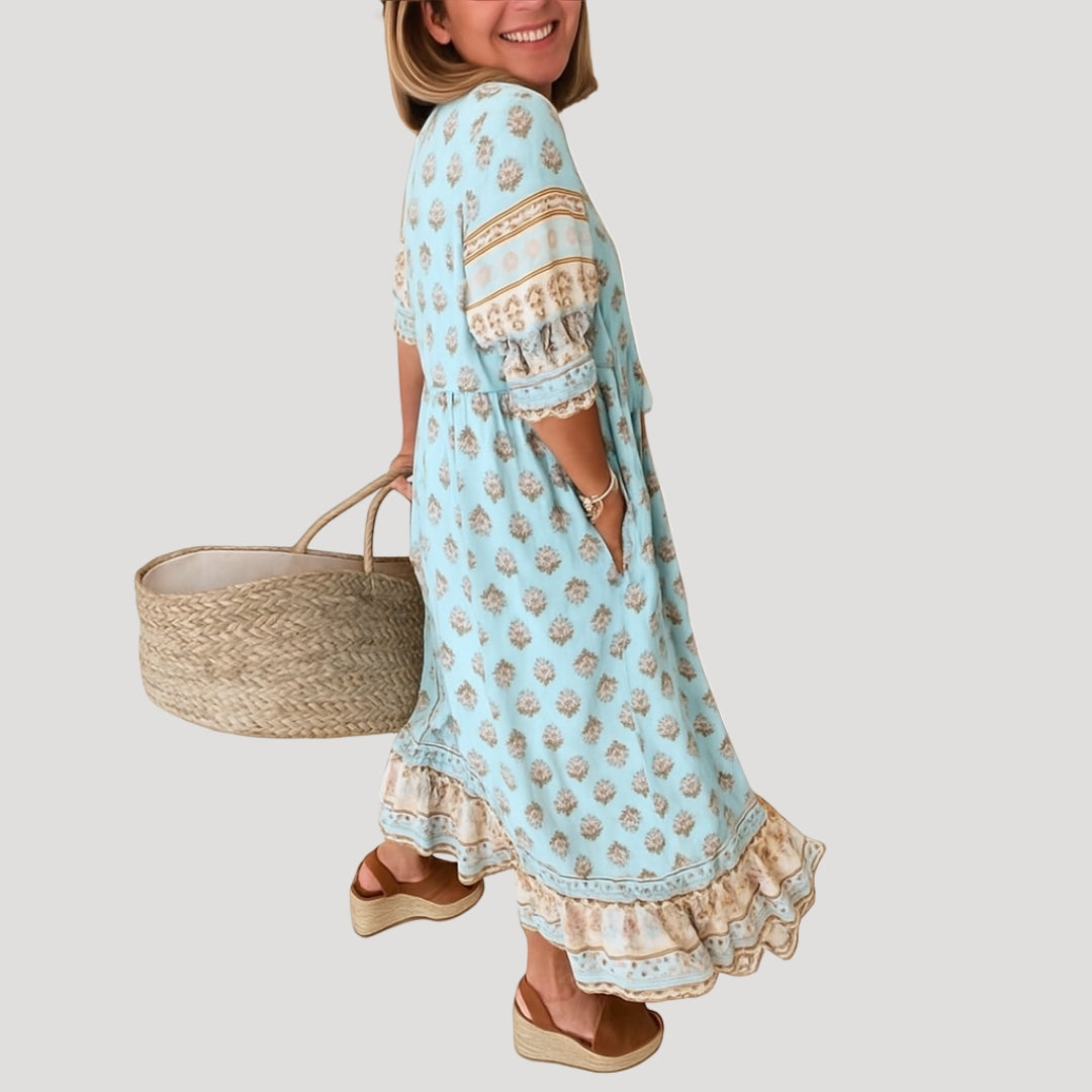 Carmelita | Sukienka midi damska w stylu boho beach z kieszeniami, lekki letni fason