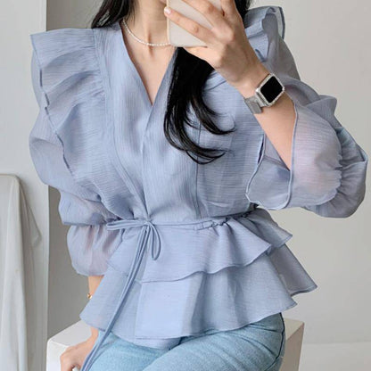 Madelaine | Damska bluzka kopertowa z wiązaniem w talii, elegancka modna