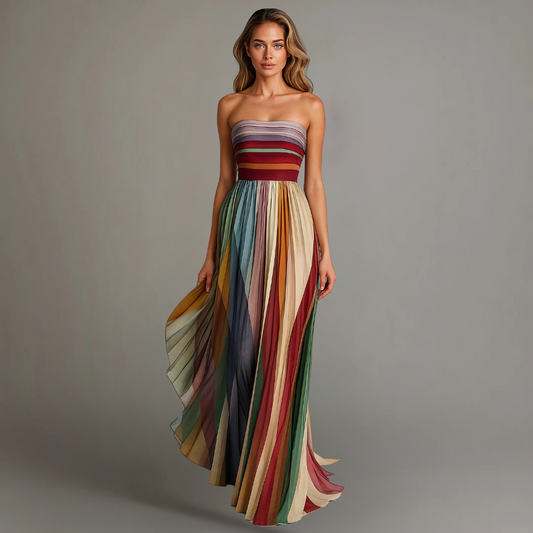 Megan | Sukienka damska maxi bez ramiączek plisowana w stylu colorblock