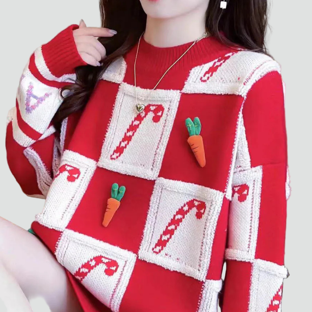 Ceri - Damski świąteczny sweter oversize z motywem lasek cukrowych
