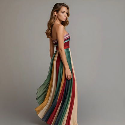 Megan | Sukienka damska maxi bez ramiączek plisowana w stylu colorblock