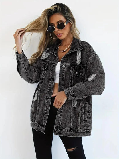 Megan | Damska oversize kurtka jeansowa z przetarciami, modny i casualowy fason