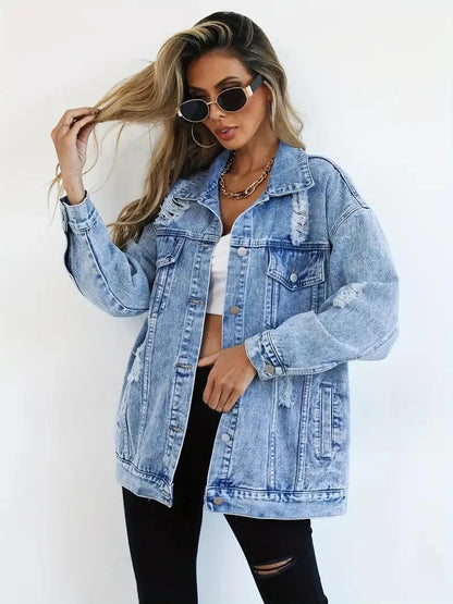 Megan | Damska oversize kurtka jeansowa z przetarciami, modny i casualowy fason