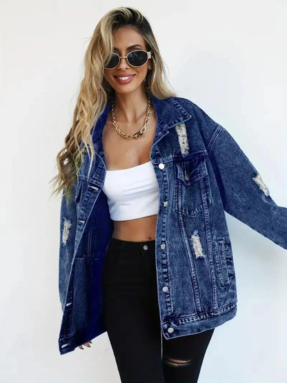Megan | Damska oversize kurtka jeansowa z przetarciami, modny i casualowy fason