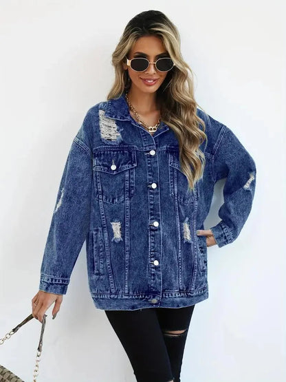 Megan | Damska oversize kurtka jeansowa z przetarciami, modny i casualowy fason