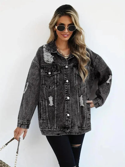 Megan | Damska oversize kurtka jeansowa z przetarciami, modny i casualowy fason